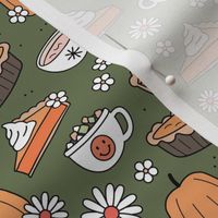Cutesie Thanksgiving - hot chocolate and pumpkin pie autumn snacks with smileys and retro daisies vintage orange on olive green