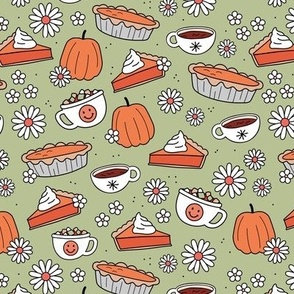 Cutesie Thanksgiving - hot chocolate and pumpkin pie autumn snacks with smileys and retro daisies vintage orange on sage green mint