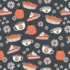 Cutesie Thanksgiving - hot chocolate and pumpkin pie autumn snacks with smileys and retro daisies vintage orange pink blush on blue charcoal