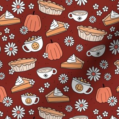 Cutesie Thanksgiving - hot chocolate and pumpkin pie autumn snacks with smileys and retro daisies vintage red orange yellow on burgundy red
