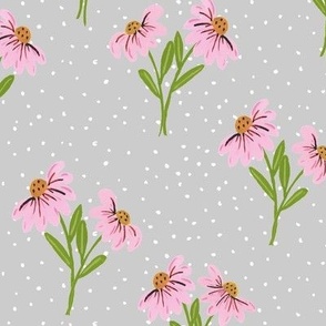 Daisy Jane Gray, Large Scale, -  Pink Daisy Gray Polka Dot, Daisy Bunch is approx 3 1/2" tall
