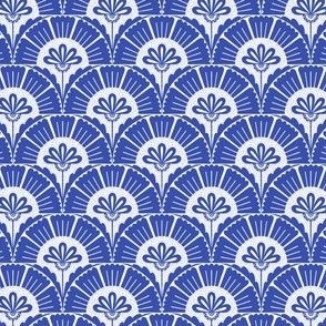 Floral Scallop Pattern - Art Deco Style in Blue and White - small scale
