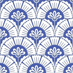 Floral Scallop Pattern - Art Deco Style in White and Blue - large scale