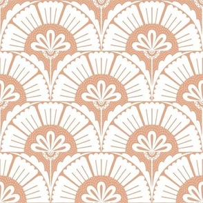 Floral Scallop Pattern - Art Deco Style in White and Terrakotta - large scale