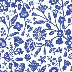 Folk Art Flowers in indigo blue and white