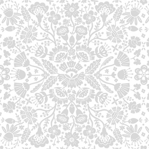 Symmetrical floral folk art pattern in grey and white - middle scale