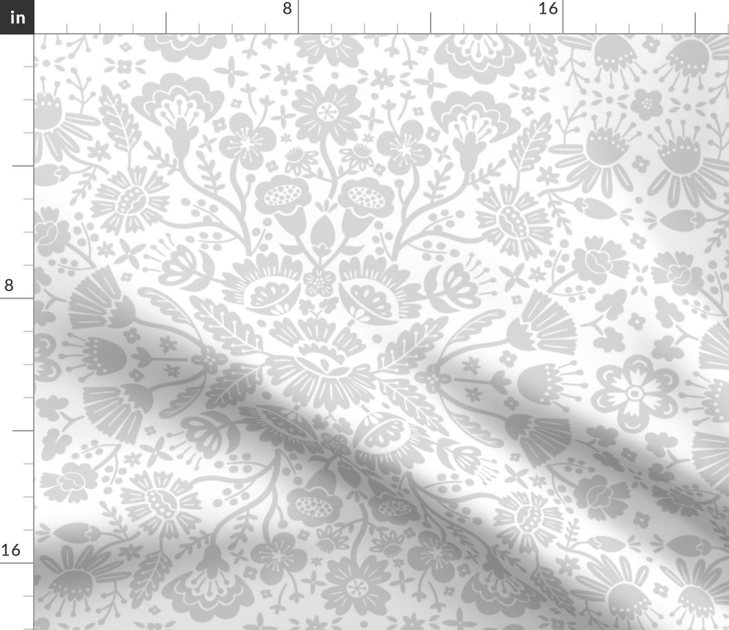 Symmetrical floral folk art pattern in grey and white - middle scale