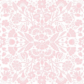 Symmetrical floral folk art pattern in pink and white - middle scale