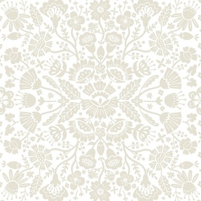 Symmetrical floral folk art pattern in sage and white - middle scale
