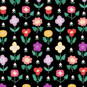 Colourful Folk Art Flowers on a black background