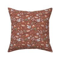 Cutesie Thanksgiving - Autumn leaves pumpkin pie and daisy flowers retro blossom design vintage orange green beige gray on brown hazelnut