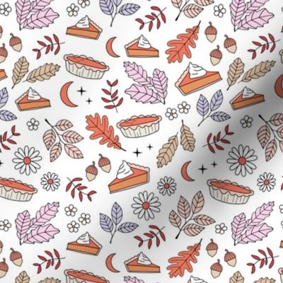 Cutesie Thanksgiving - Autumn leaves pumpkin pie and daisy flowers retro blossom design lilac pink orange on white