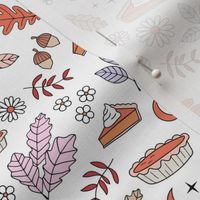 Cutesie Thanksgiving - Autumn leaves pumpkin pie and daisy flowers retro blossom design lilac pink orange on white