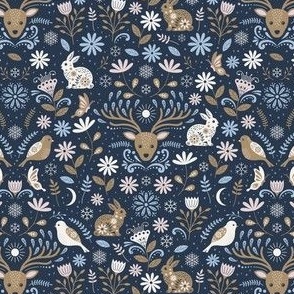 Woodland animals - Deer, rabbit, bird, butterfly in dark blue, tan, soft pink, cream, and icy blue