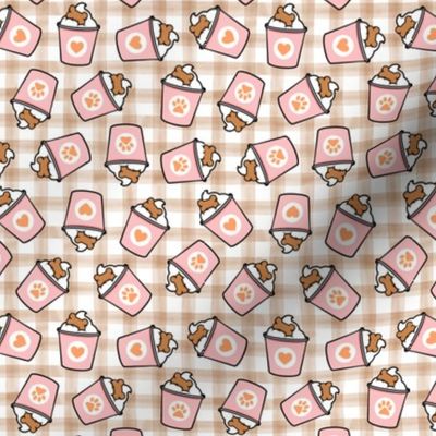 (small scale) Pup Valentine's Day treat coffee cups  -  Dog Coffee Treats - pink on plaid - LAD22
