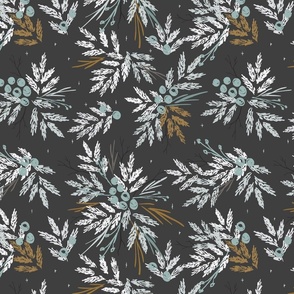 Frost Winter Scene - Holiday Christmas Tree Pine Woodland Yellow, Gray and Teal Fabric