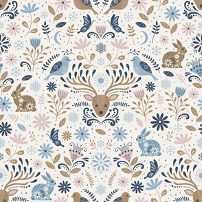 Woodland animals - Deer, rabbit, bird, butterfly in scandinavian cream, tan, soft pink, icy blue and grayish blue
