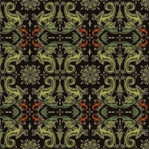 VINTAGE DRAGON DAMASK - GREEN RED BLACK, MEDIUM SCALE