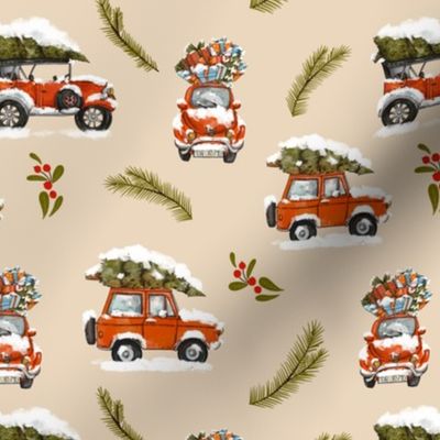 Red Christmas Retro Car on Beige
