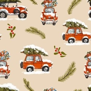 Red Christmas Retro Car on Beige