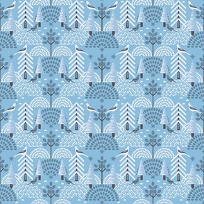 Scandi Bird Sanctuary / Frosty / Folk Art / Geometric / Trees Forest / Icy Blue / Medium