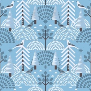 Scandi Bird Sanctuary / Frosty / Folk Art / Geometric / Icy Blue / Medium