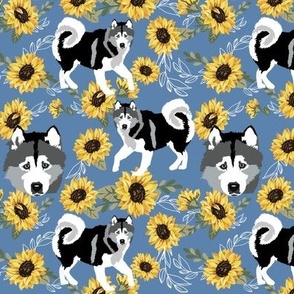 Alaskan Malamute Husky Dog Puppy Yellow Sunflowers blue denim floral dog fabric