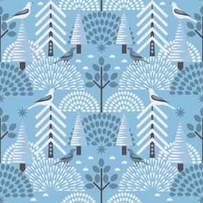 Scandi Bird Sanctuary / Frosty / Folk Art / Geometric / Icy Blue / Small
