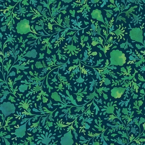 (large) Watercolour Flowers dark green and blue