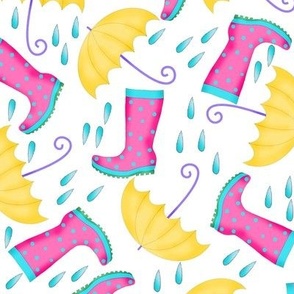 Pink Rain Boots Yellow Umbrellas Kids Extra Large