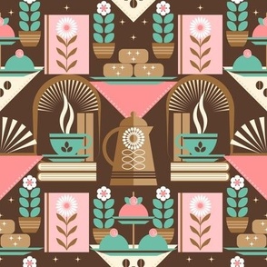 Scandi Fika Coffee Break / Cafe / Geometric / Food Dessert / Cake Donuts / Pink Turquoise / Medium