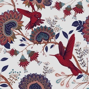 Red Hummingbird and Heart Flower Nouveau - Large Scale