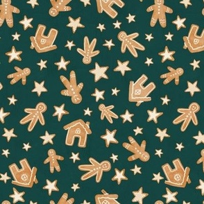 small // Gingerbread Fabric with Christmas cookies on emerald green
