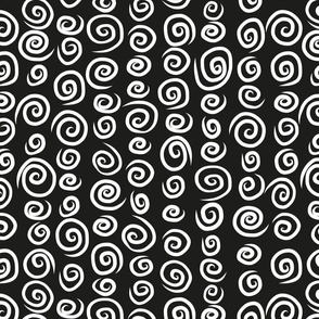 Hand drawn white spirals on black background - large