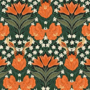 Humming bird paradise Victorian floral - orange, green and white // big scale
