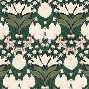 Humming bird paradise Victorian floral - pink, green and white // big scale