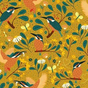 floral folk art kingfisher bird mustard 18inch