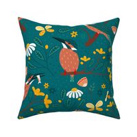 floral folk art kingfisher bird petrol teal 24inch