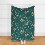 floral folk art kingfisher bird petrol teal 24inch