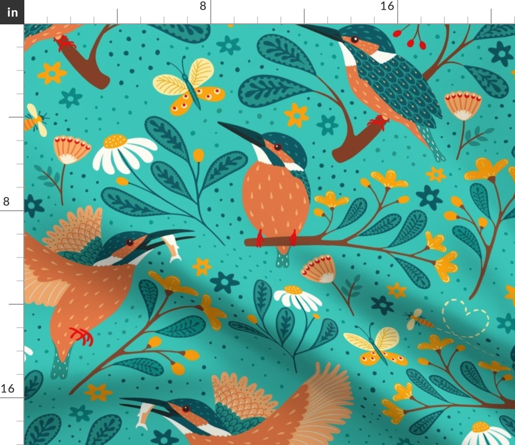 floral folk art kingfisher bird turquoise 24inch