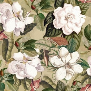  Lush Antique Magnolia Flowers - Vintage Magnolias home decor, Nostalgic  wallpaper,Magnolia Fabric - Flowers Fabric -  Magnolia Wallpaper sepia green