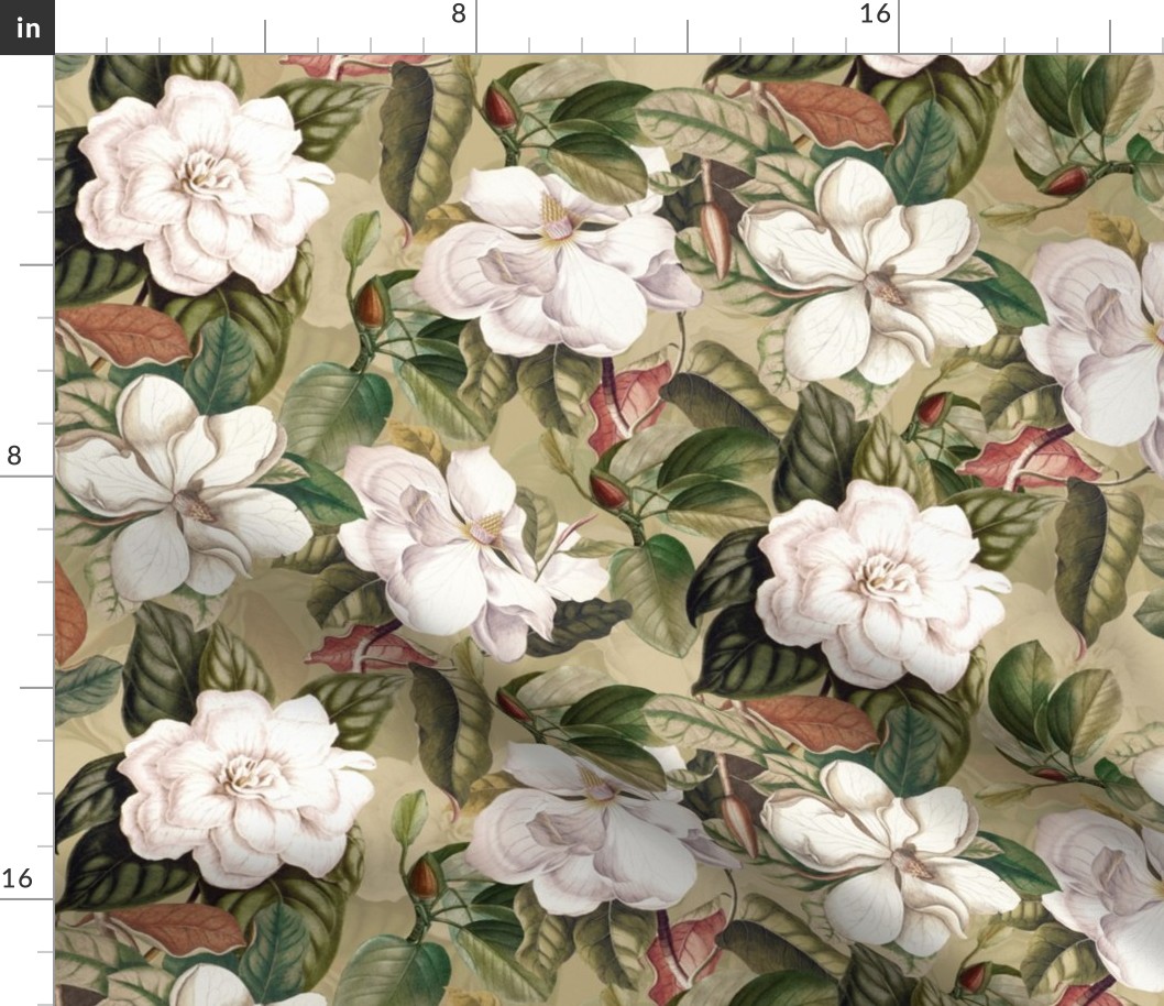  Lush Antique Magnolia Flowers - Vintage Magnolias home decor, Nostalgic  wallpaper,Magnolia Fabric - Flowers Fabric -  Magnolia Wallpaper sepia green