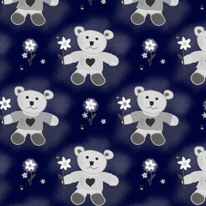 Little Ted's Flower Garden - greyscale on night time blue, medium 