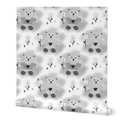 Little Ted's Flower Garden - silver greyscale on white, medium 