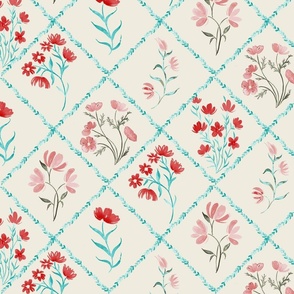 soft summer-turquoise and red flower trellis