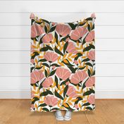 Mid century garden floral blooms - textured pink, green, mustard yellow, and white - large