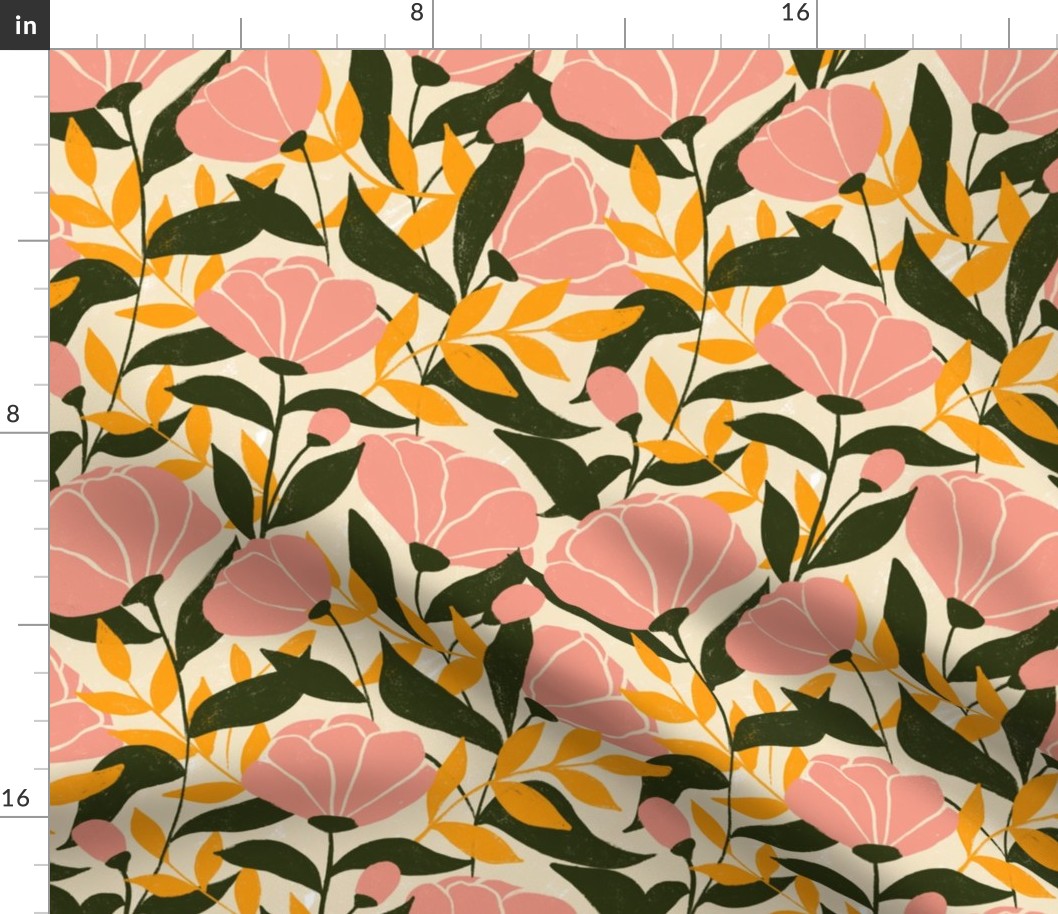 Mid century garden floral blooms - textured pink, green, mustard yellow, and tan - medium