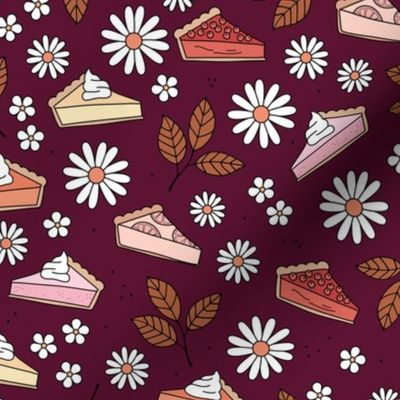 Pie lovers autumn - leaves flowers and fall food pumpkin pie cheesecake lime pie and berries rust pink peach retro on burgundy red