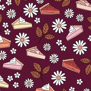 Pie lovers autumn - leaves flowers and fall food pumpkin pie cheesecake lime pie and berries rust pink peach retro on burgundy red
