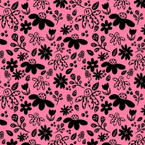 Flower Smiles Black on Pink 